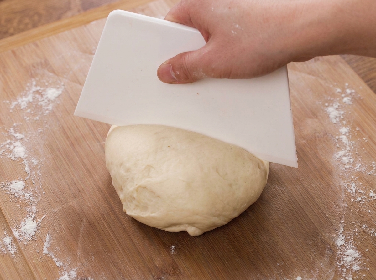 A hand using a plastic dough scraper to shape a portion of dough on a wooden cutting board.