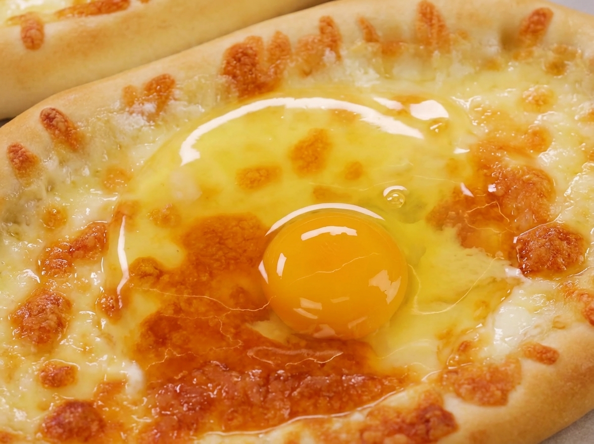 A raw egg perfectly centered in a pool of shredded mozzarella cheese inside the semi-baked dough boat.
