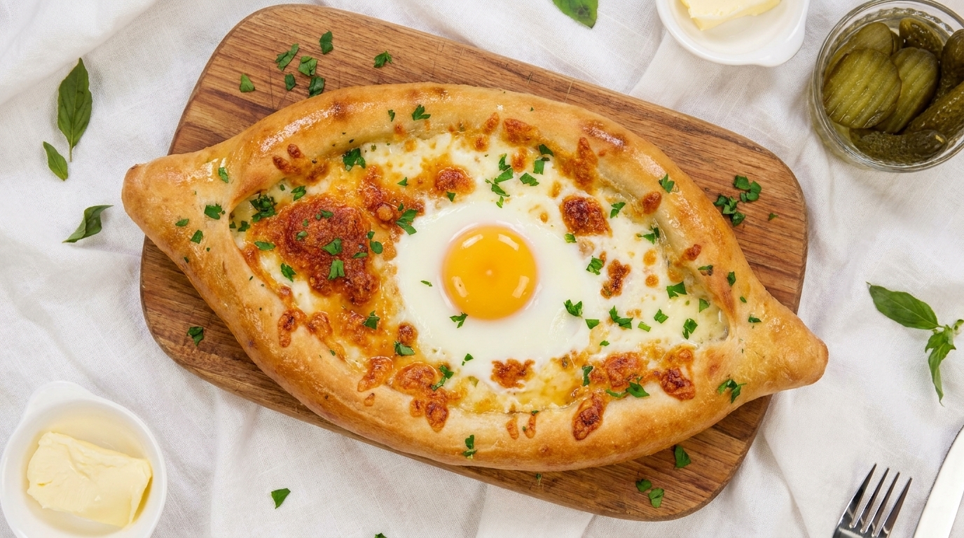 A golden-brown, boat-shaped Khachapuri filled with melted mozzarella cheese and topped with a soft-cooked egg, garnished with parsley.