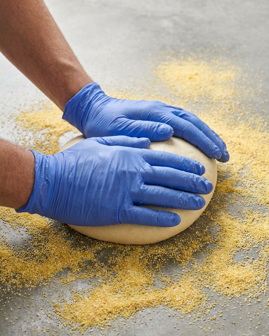 A round piece of pizza dough being flattened by hands on a floured surface.