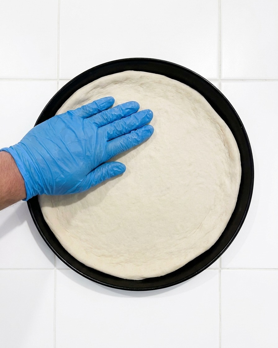 Pizza dough being laid onto a black round metal pizza pan.