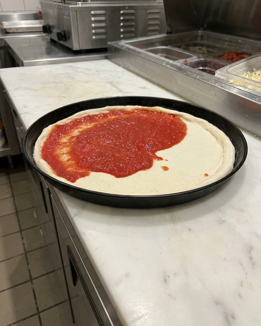 A spoonful of red tomato sauce being spread evenly over the pizza dough.