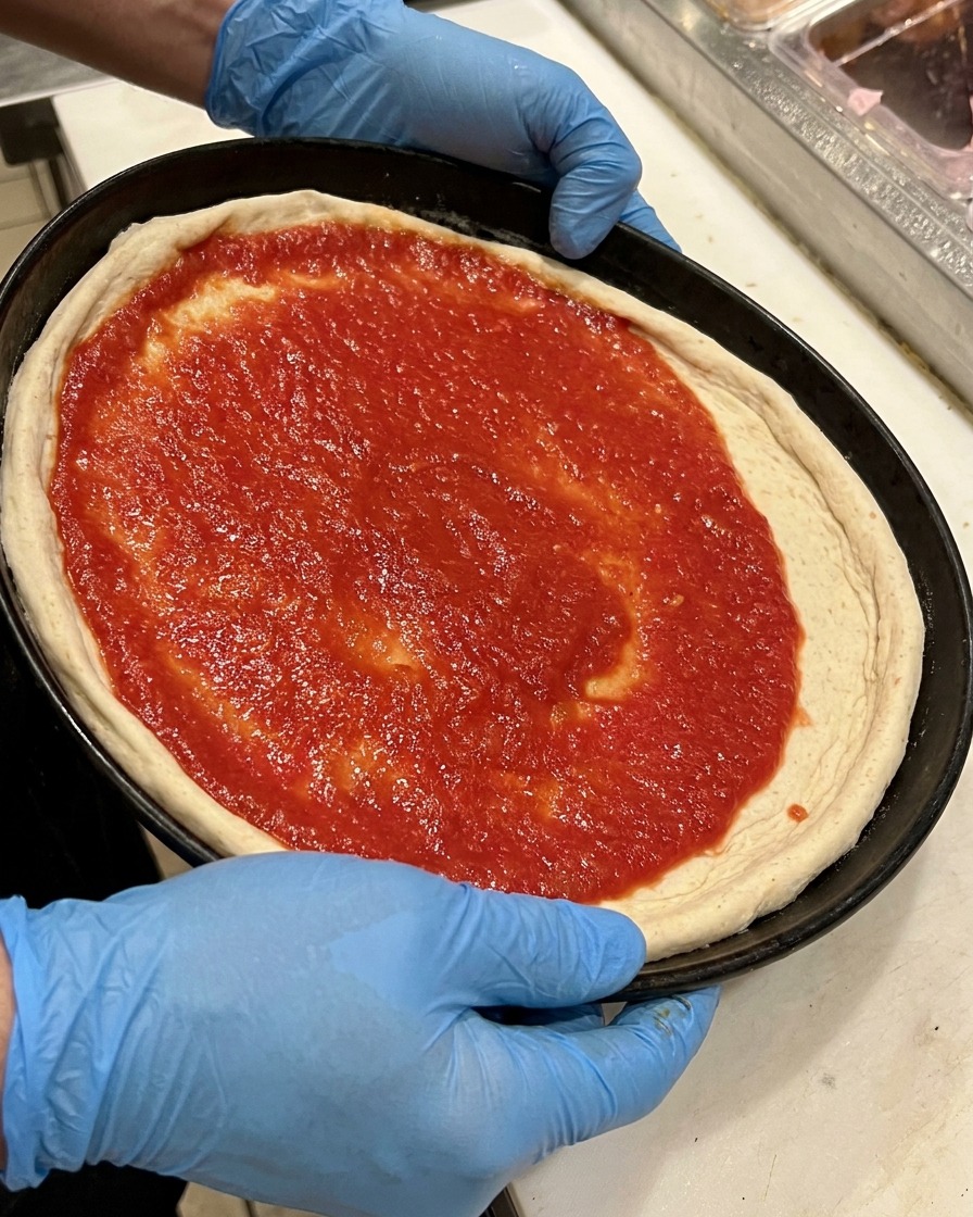 Whole black olives being scattered over the sauced pizza dough.