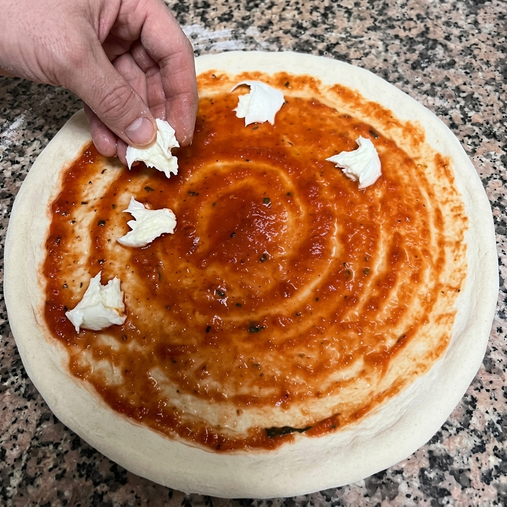 Hand placing torn pieces of fresh white buffalo mozzarella cheese onto the tomato sauce base.