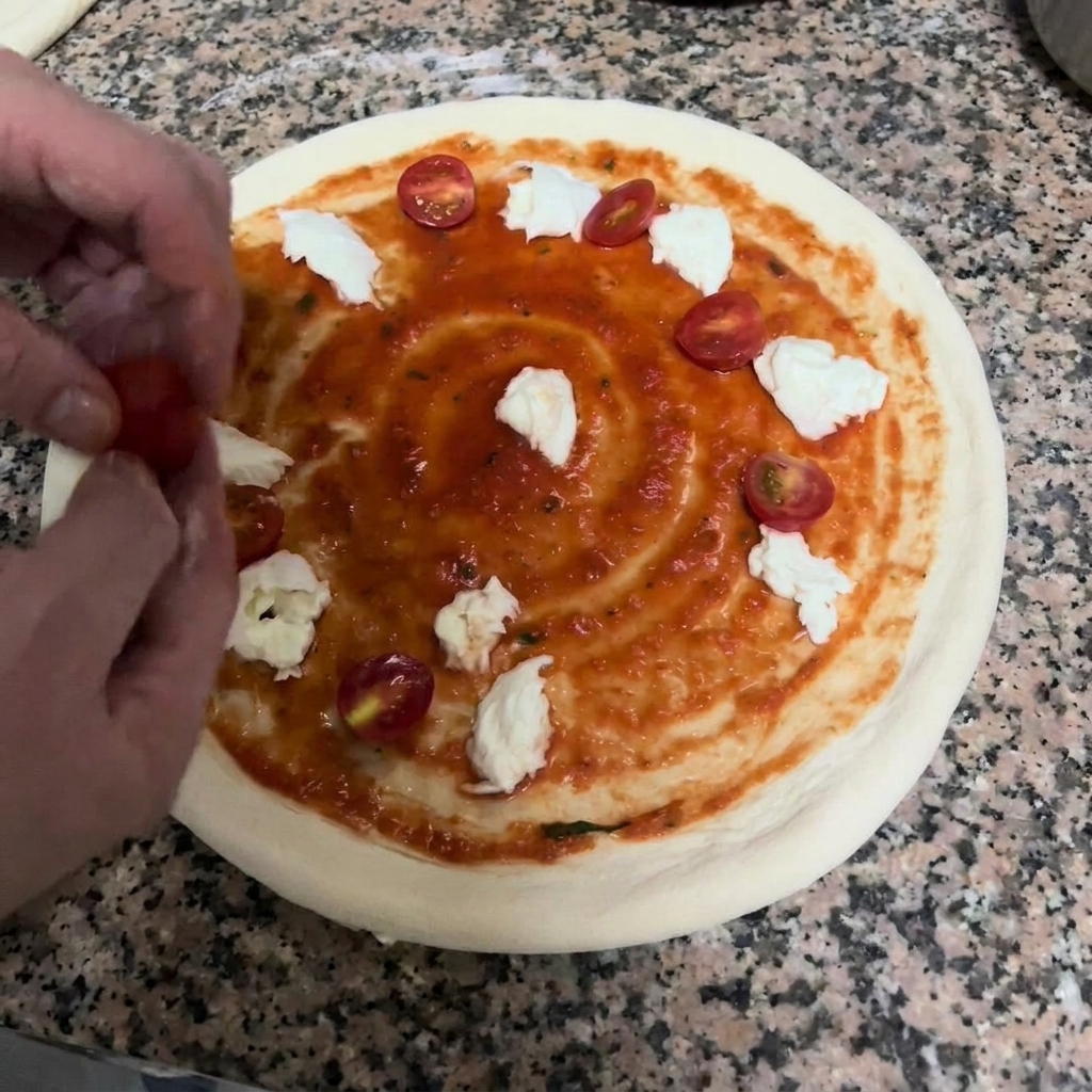 Hands placing halved cherry tomatoes onto a pizza dough topped with tomato sauce and mozzarella.