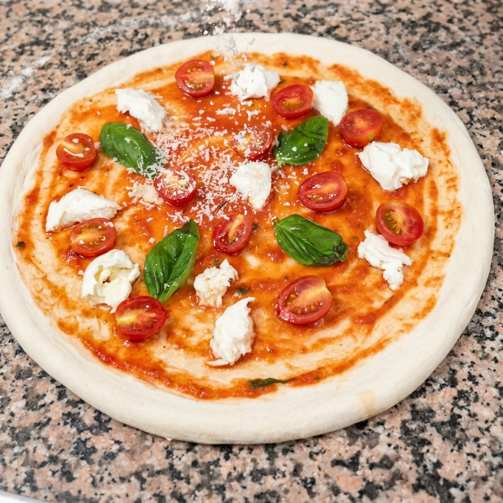 Grated Parmesan cheese falling over an assembled pizza topped with mozzarella, cherry tomatoes, and fresh basil leaves.