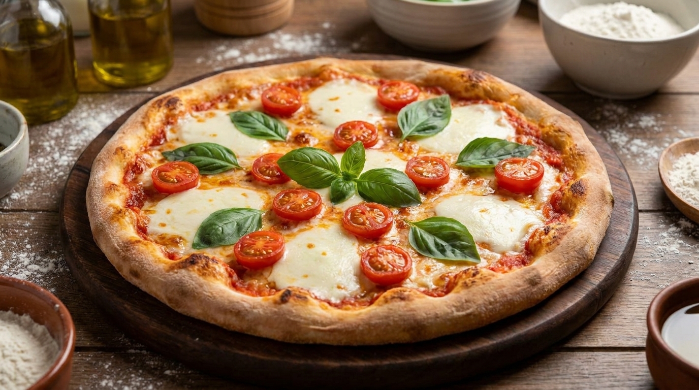 A freshly baked pizza topped with creamy buffalo mozzarella, bright cherry tomatoes, and fresh green basil.