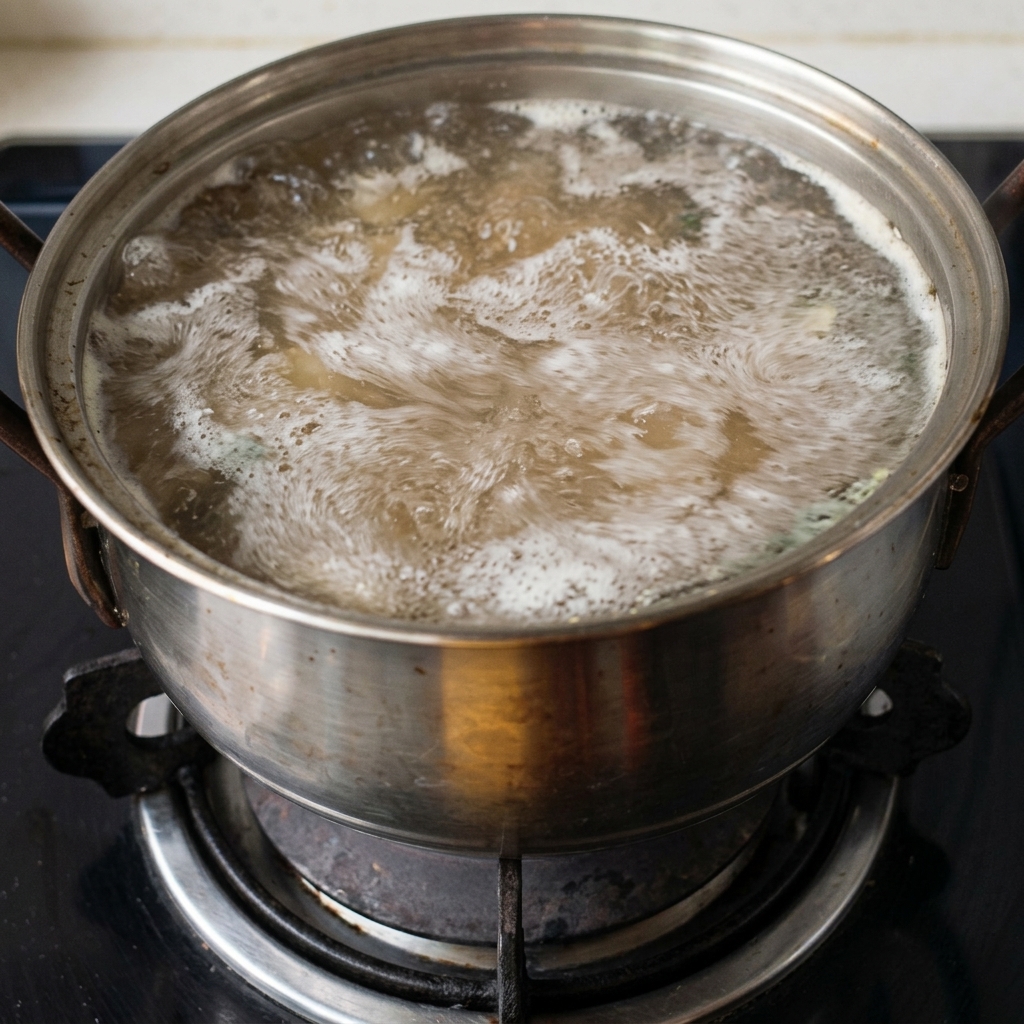Water bubbling in a large stainless steel pot on the stovetop, filled with aromatic vegetables.