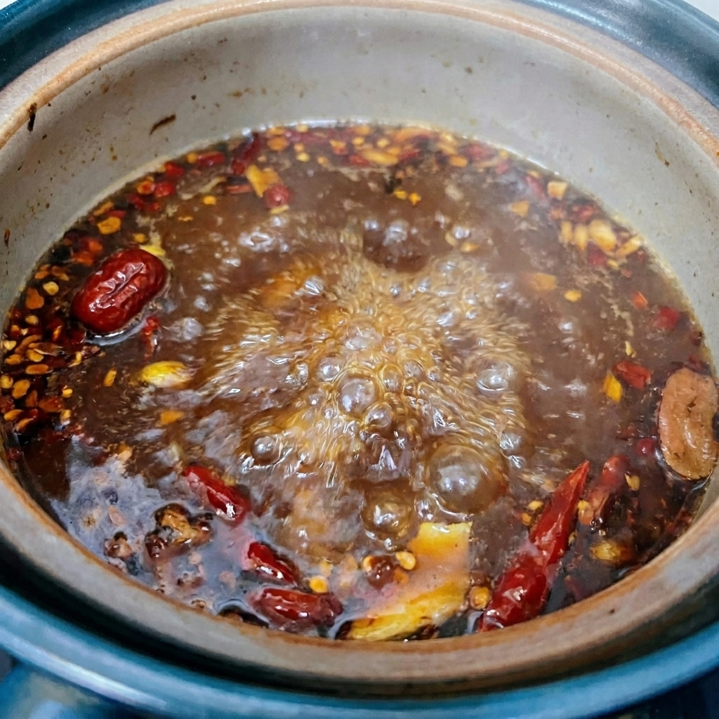 A dark, simmering broth in a pot containing various spices and aromatics, being prepared for the next stage.