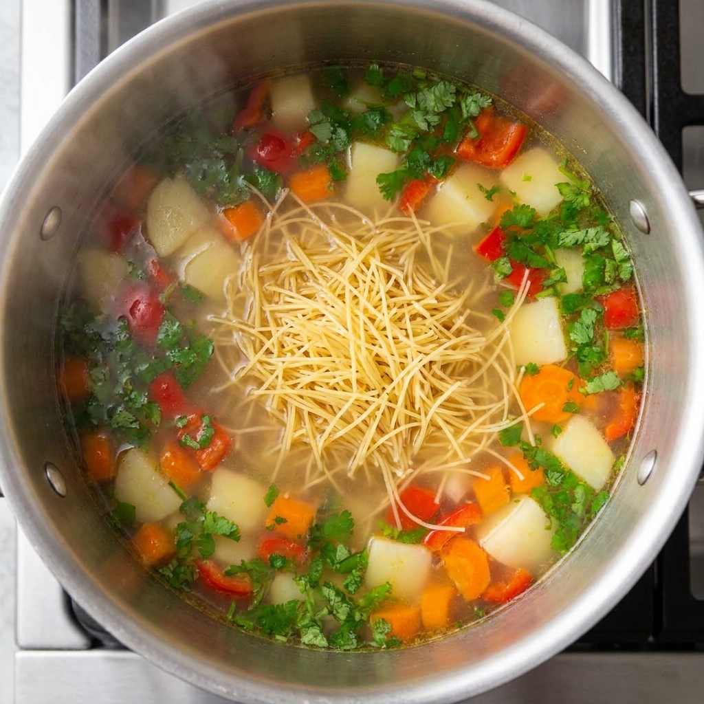 Ramen noodles boiling in a pot with chopped vegetables and broth.
