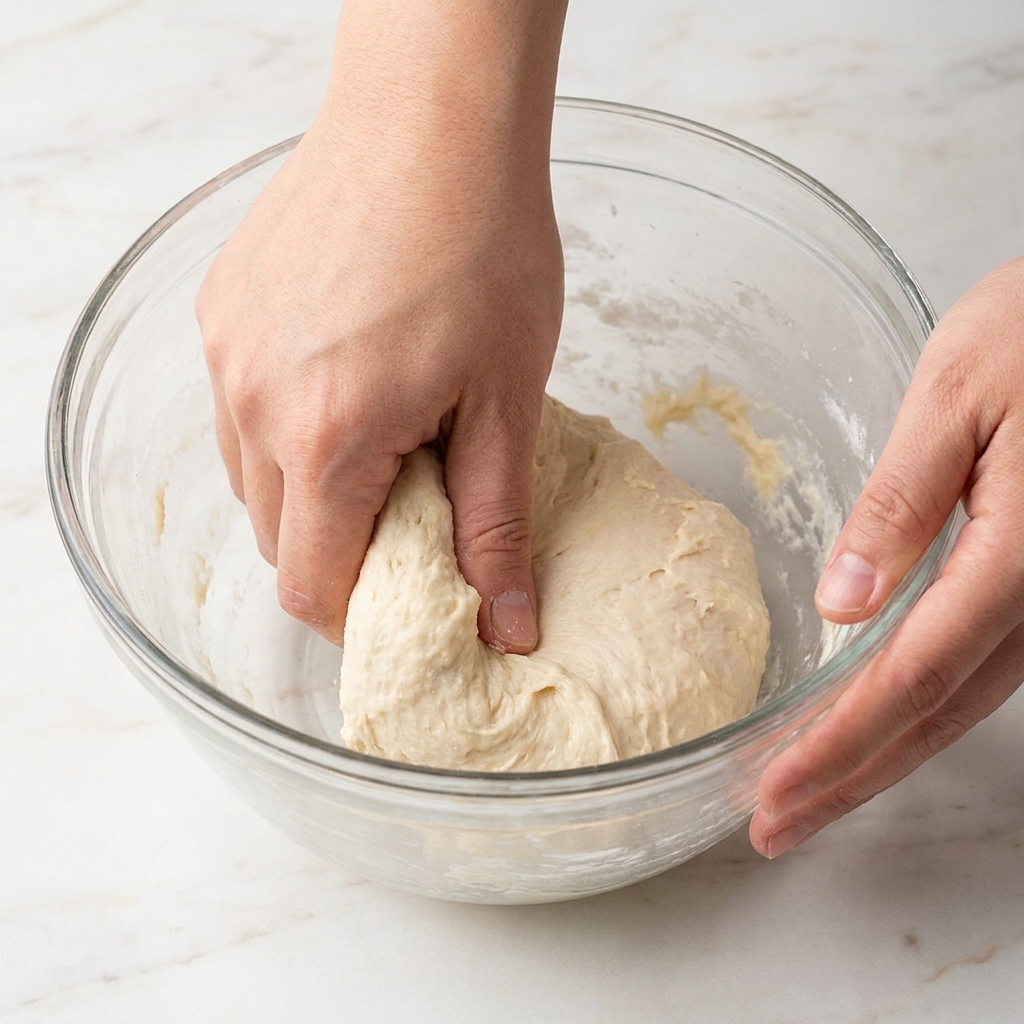 Hands gently folding the hydrated dough mixture inside a bowl.