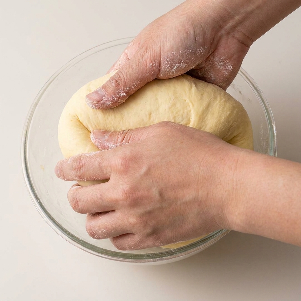 The smooth, round ball of shaped dough resting on a floured surface.
