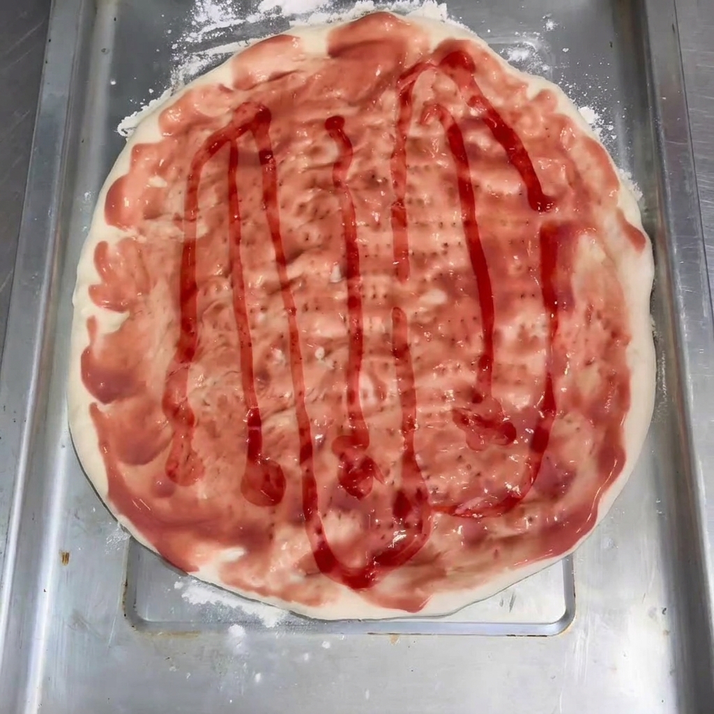 Tomato sauce being spread across the dough, ready for toppings.