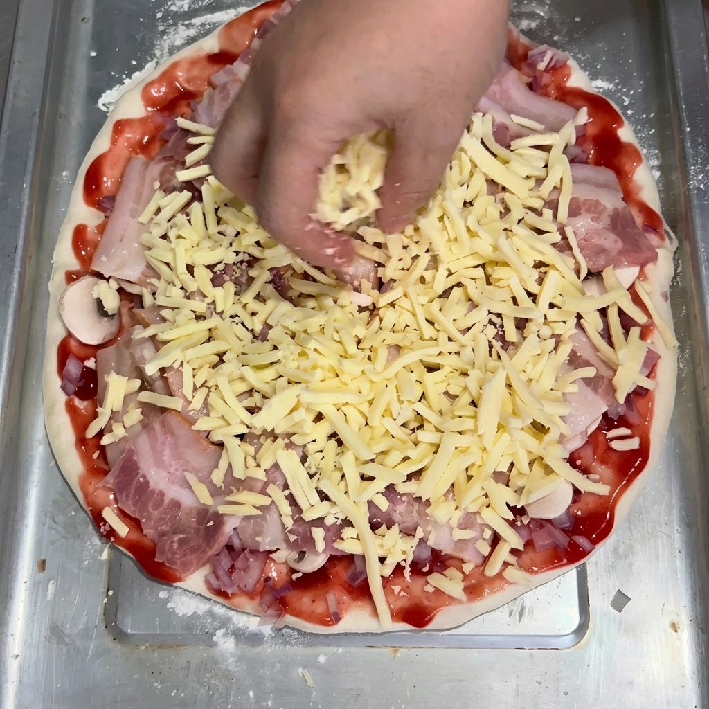 A hand scattering shredded mozzarella cheese over the bacon, mushroom, and onion-topped pizza crust.