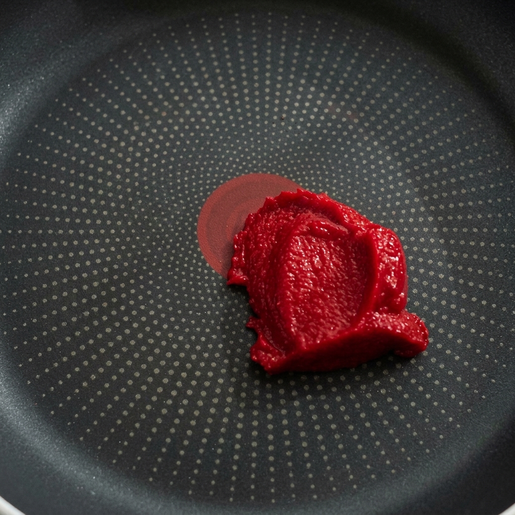 A close-up of tomato paste and ketchup being stirred together in a non-stick pan until reaching a consistent red color.