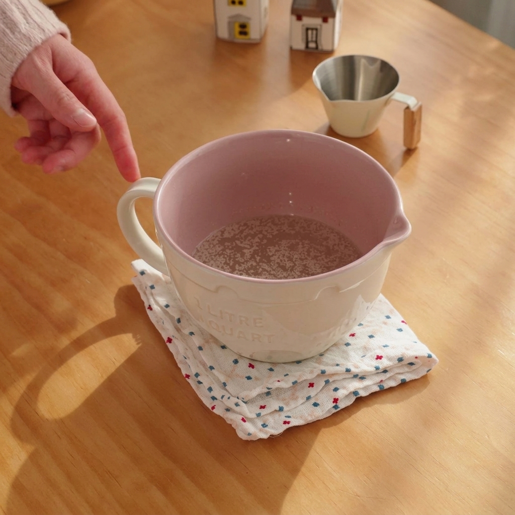 Whisking yeast and sugar into warm water in a pink mixing bowl.