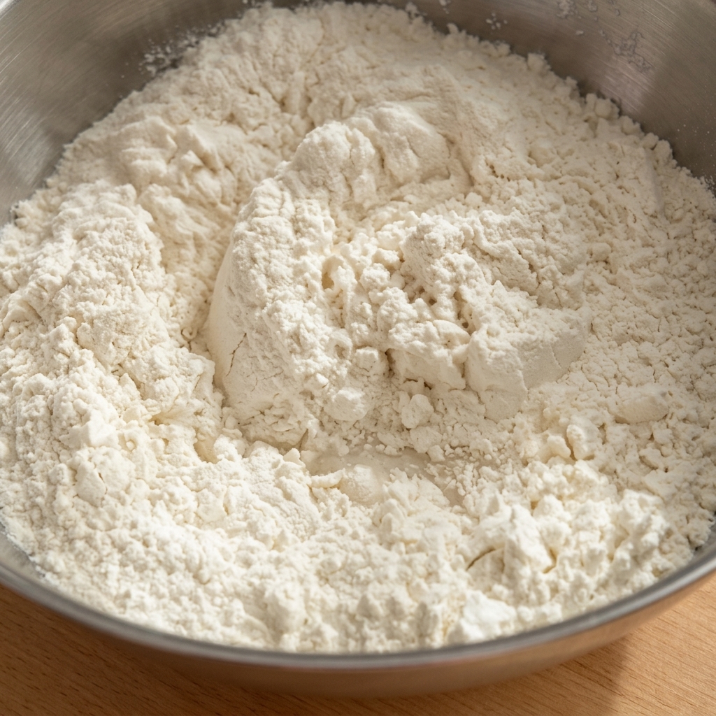 Mixing flour and yeast liquid with chopsticks in a large metal bowl to create a shaggy dough consistency.