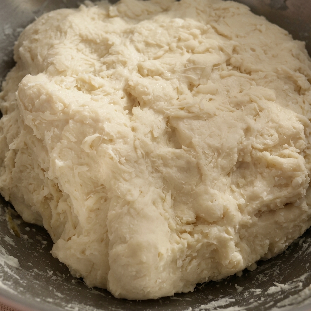 Pouring golden melted butter into a bowl of shaggy, partially combined dough.