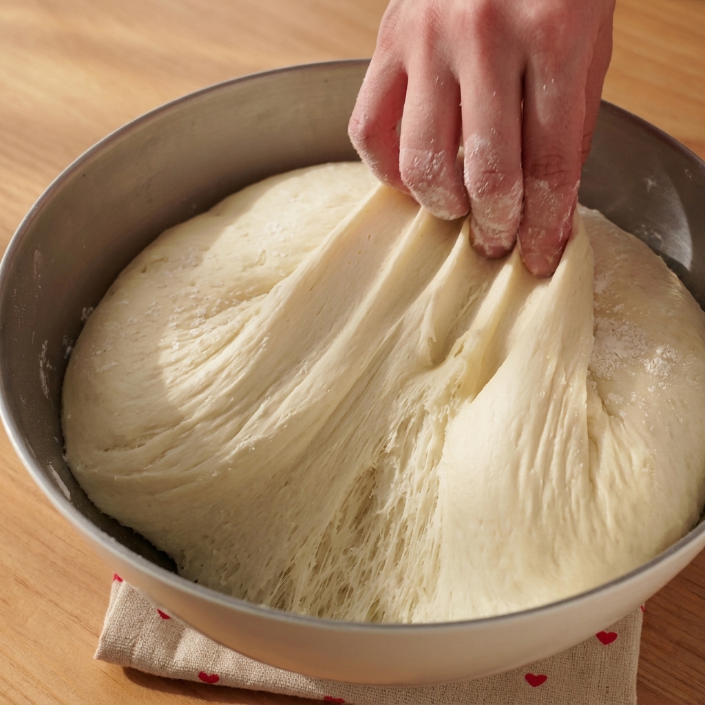 A close-up showing fermented pizza dough being pulled apart, revealing an airy, honeycomb-like internal texture.