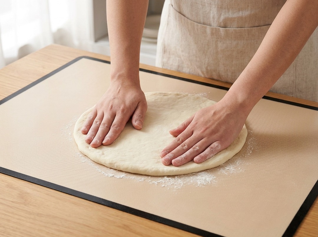 Hands stretching and flattening a circular pizza dough crust on a silicone baking mat.