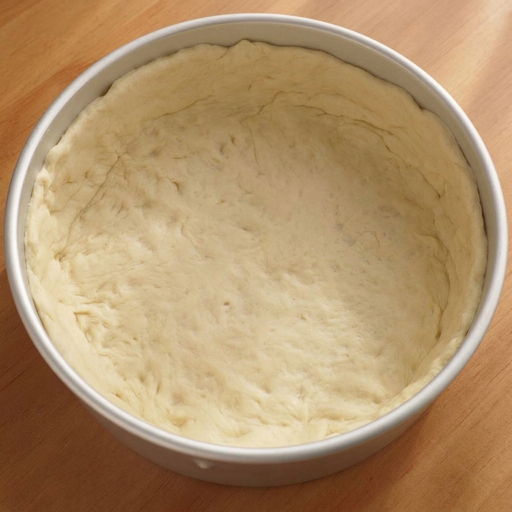 A round pizza dough crust fitted neatly into a metal cake pan, with uniform fork pricks across the bottom.