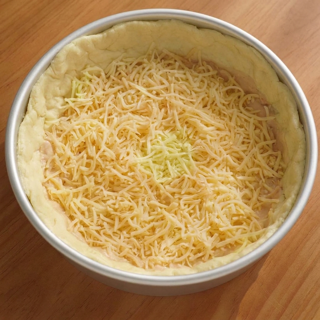 A layer of shredded mozzarella cheese inside the pizza crust, topped with arranged slices of salami.