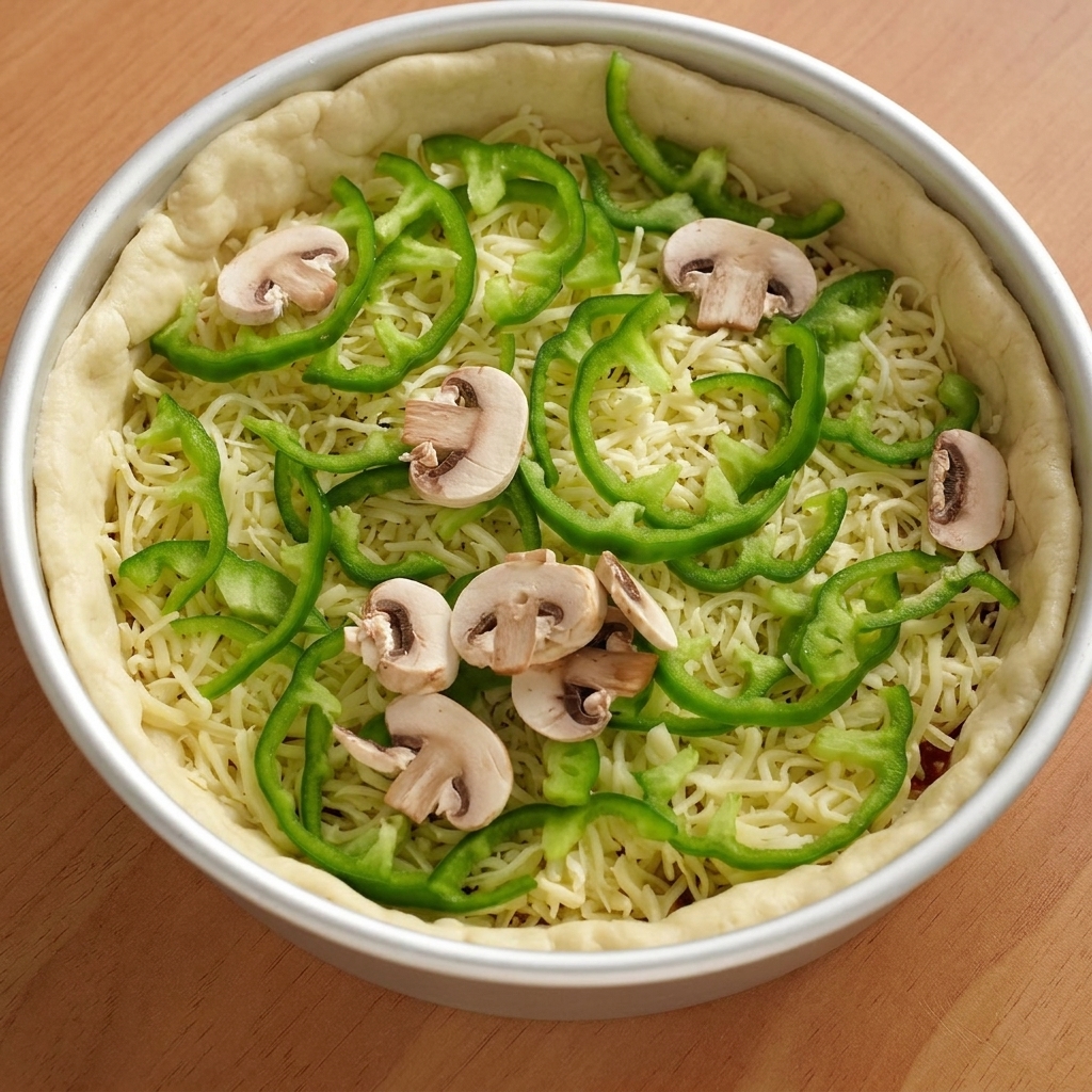 Slices of green bell pepper and fresh button mushrooms being arranged on top of the cheese and meat layer.