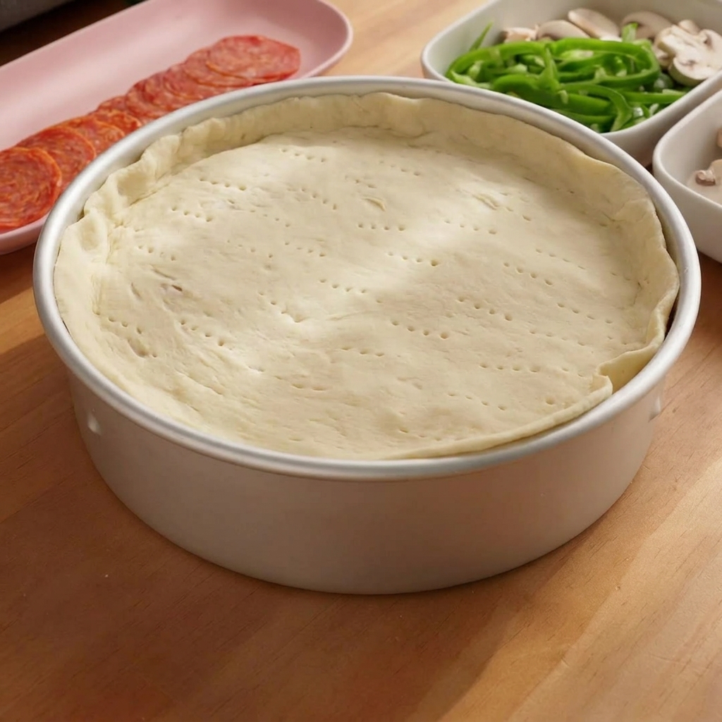 A smaller circle of dough being placed on top of the pizza filling, with the edges being sealed by hand.