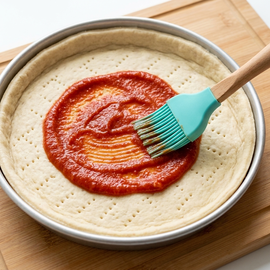 A green silicone brush spreading red tomato sauce over the top layer of the pizza dough.