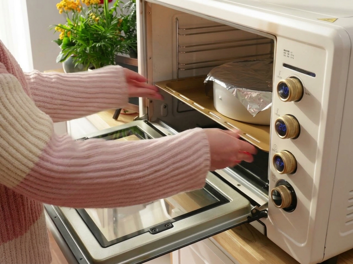 A foil-covered pizza pan being inserted into the oven on the middle-lower rack.