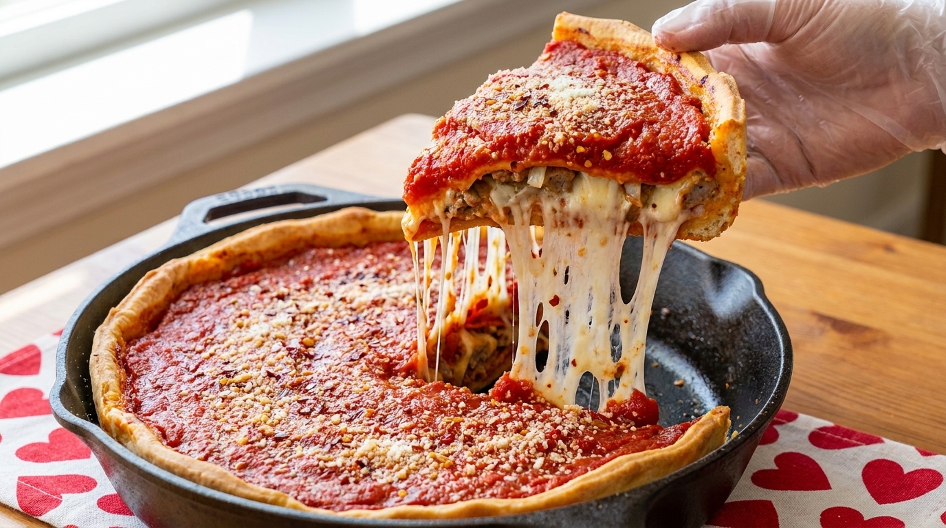 A slice of deep dish pizza featuring a rich tomato sauce topping and an incredible mozzarella cheese pull.