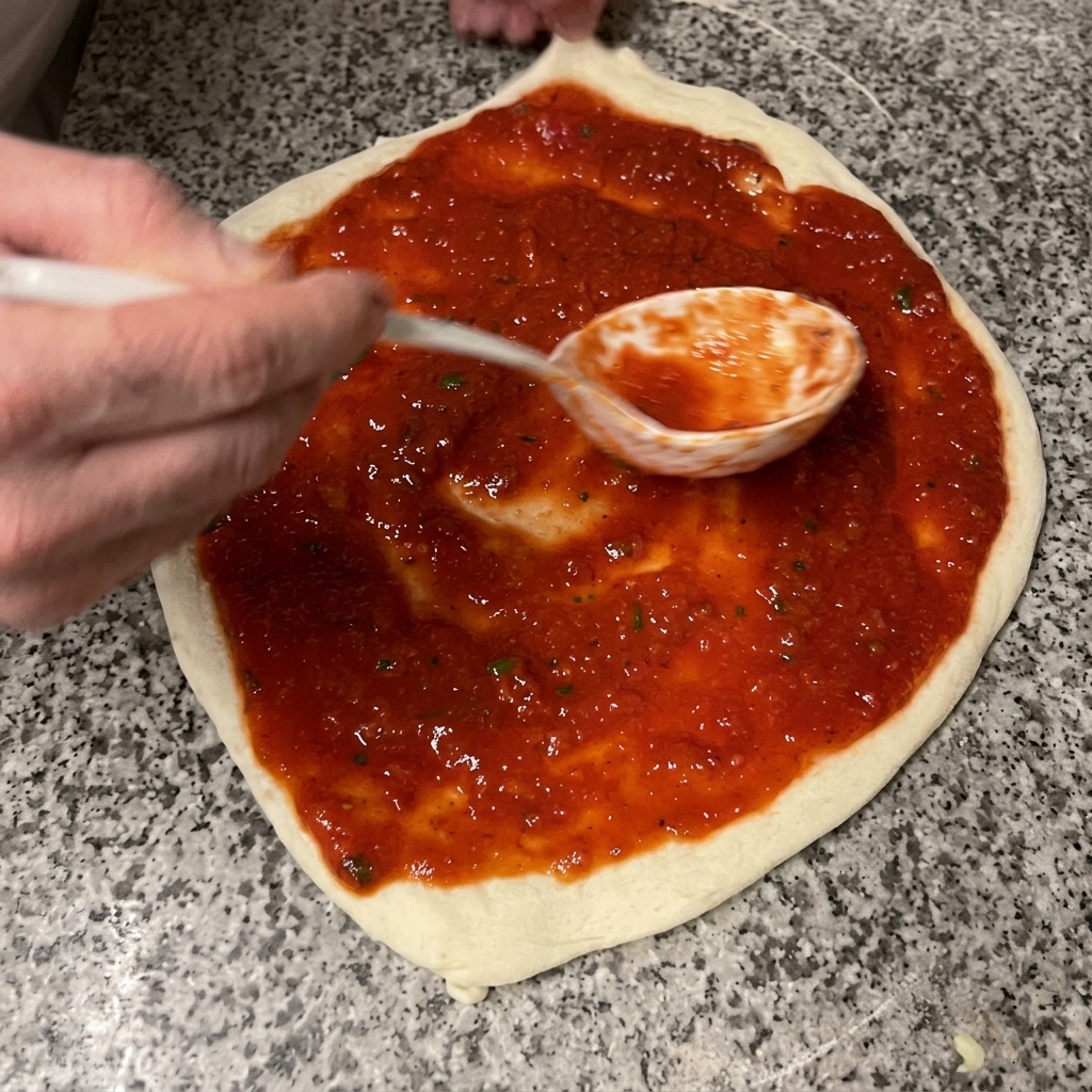 Minced garlic and oil being drizzled over the sauce-covered pizza.