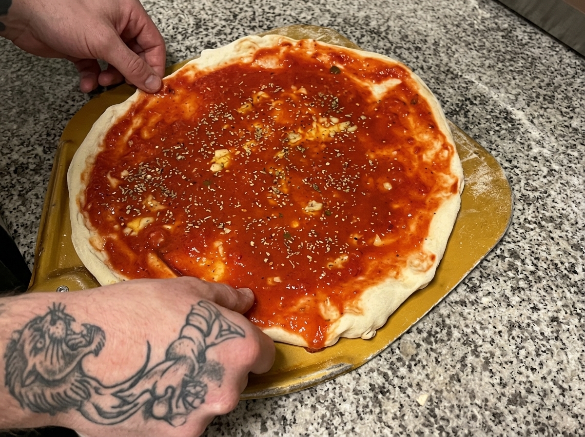Pizza being prepared on a peel for final insertion into the pizza oven.