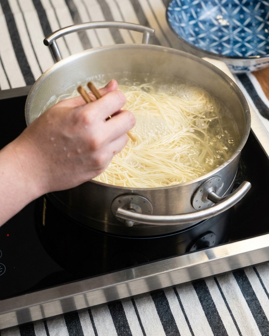 A ladle stirring a dollop of miso paste into the simmering pork broth until combined.