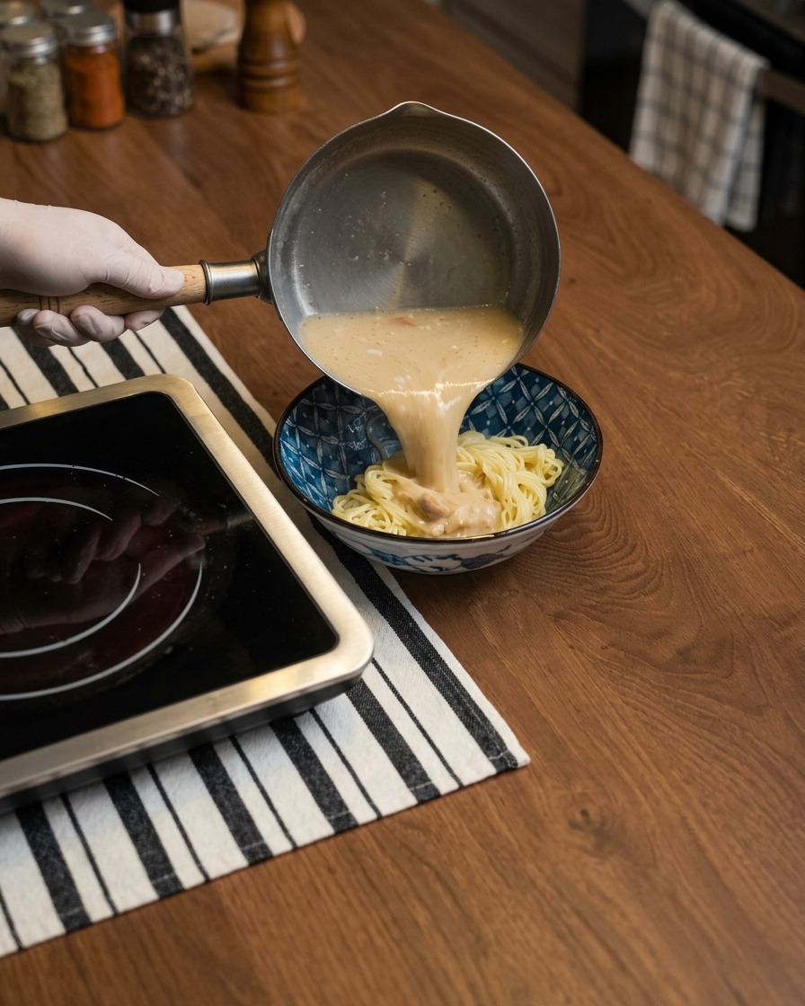 Ramen noodles boiling in a pot of water, captured in motion.