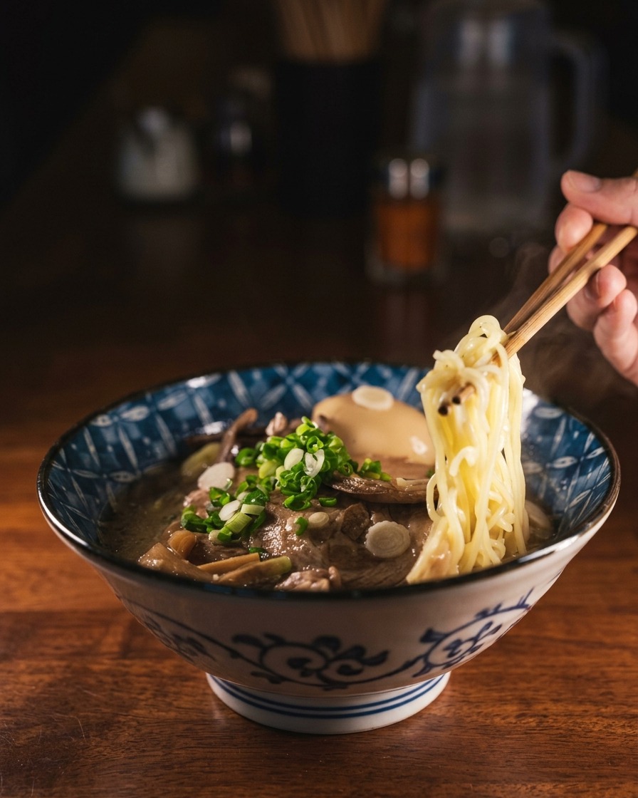 A bowl filled with cooked ramen noodles, with hot miso broth being poured over them.