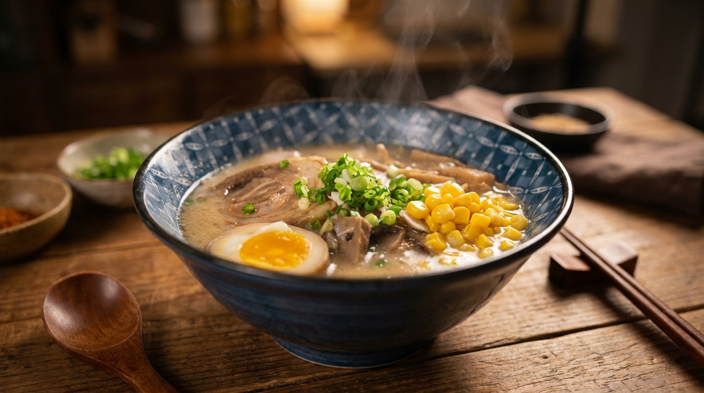 A steaming bowl of miso ramen topped with sliced pork, soft-boiled egg, sweet corn, and green onions.