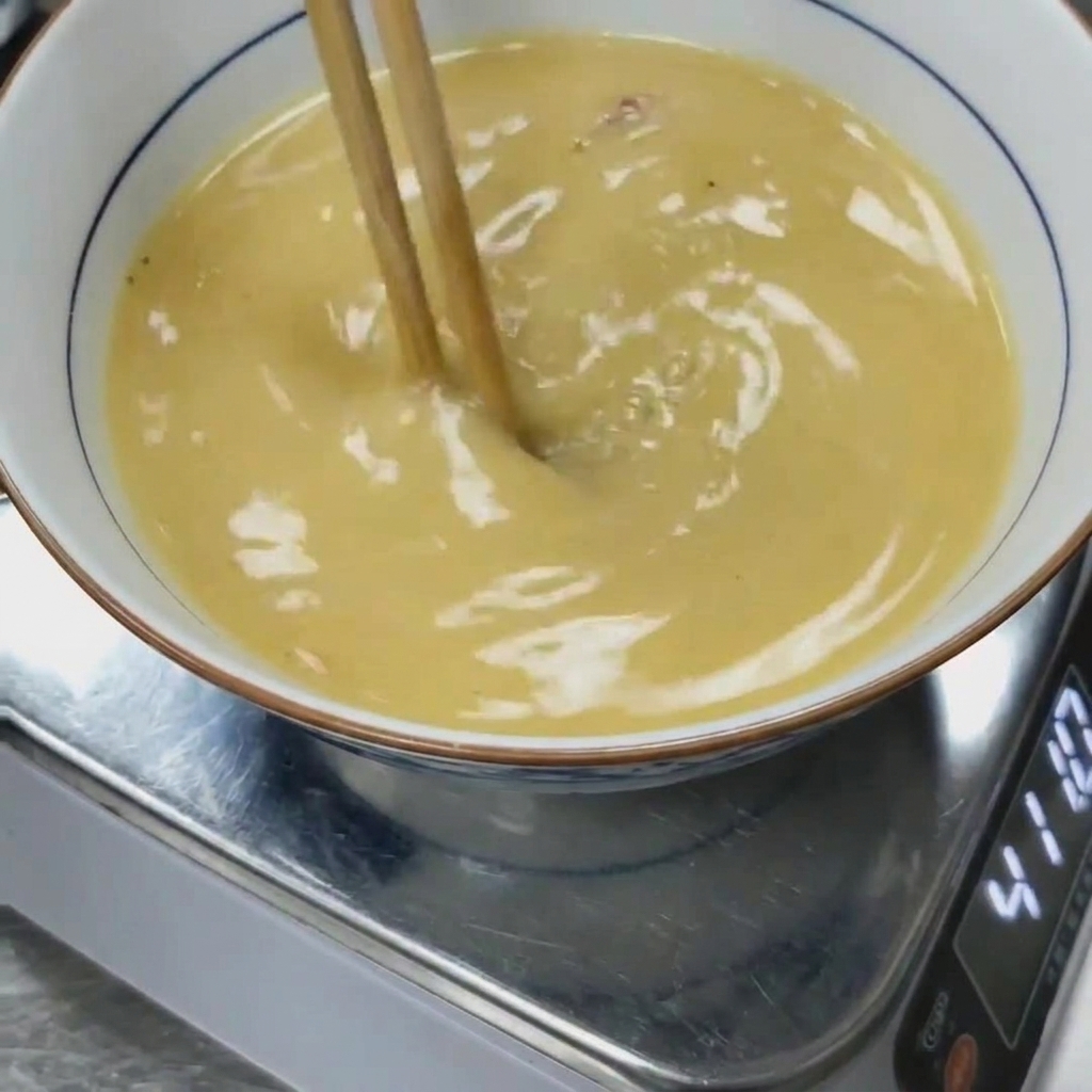 Miso paste being thoroughly mixed into hot pork bone broth with chopsticks.