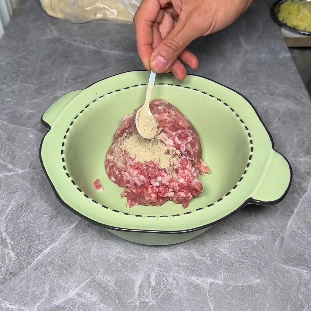 Ground meat in a bowl being seasoned with various powders and sauces.