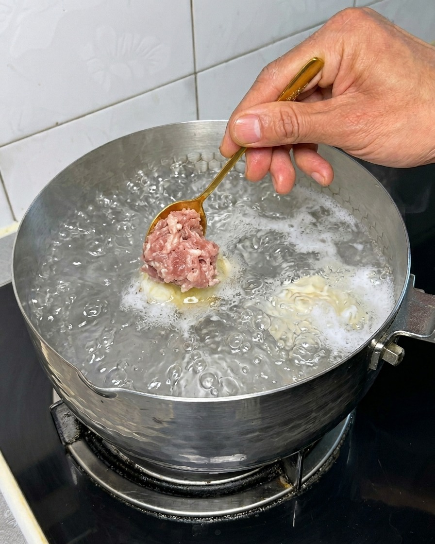 Small round meat balls being dropped into a pot of bubbling hot water.