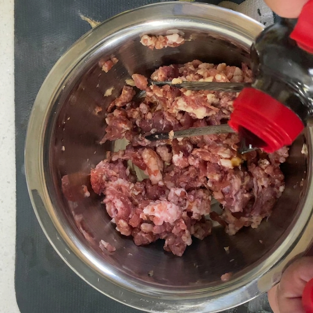 Finely minced pork in a bowl being seasoned with various liquid sauces and spices.