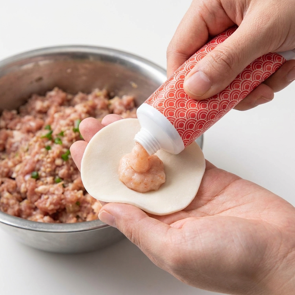 A small amount of shrimp paste being added onto a wonton wrapper along with prepared pork filling.