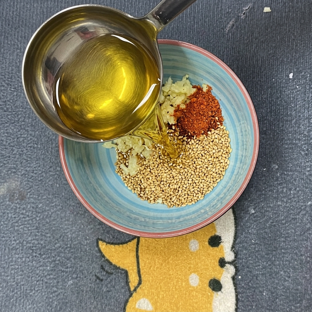 Hot oil being poured into a bowl containing aromatics to create a fragrant chili oil.