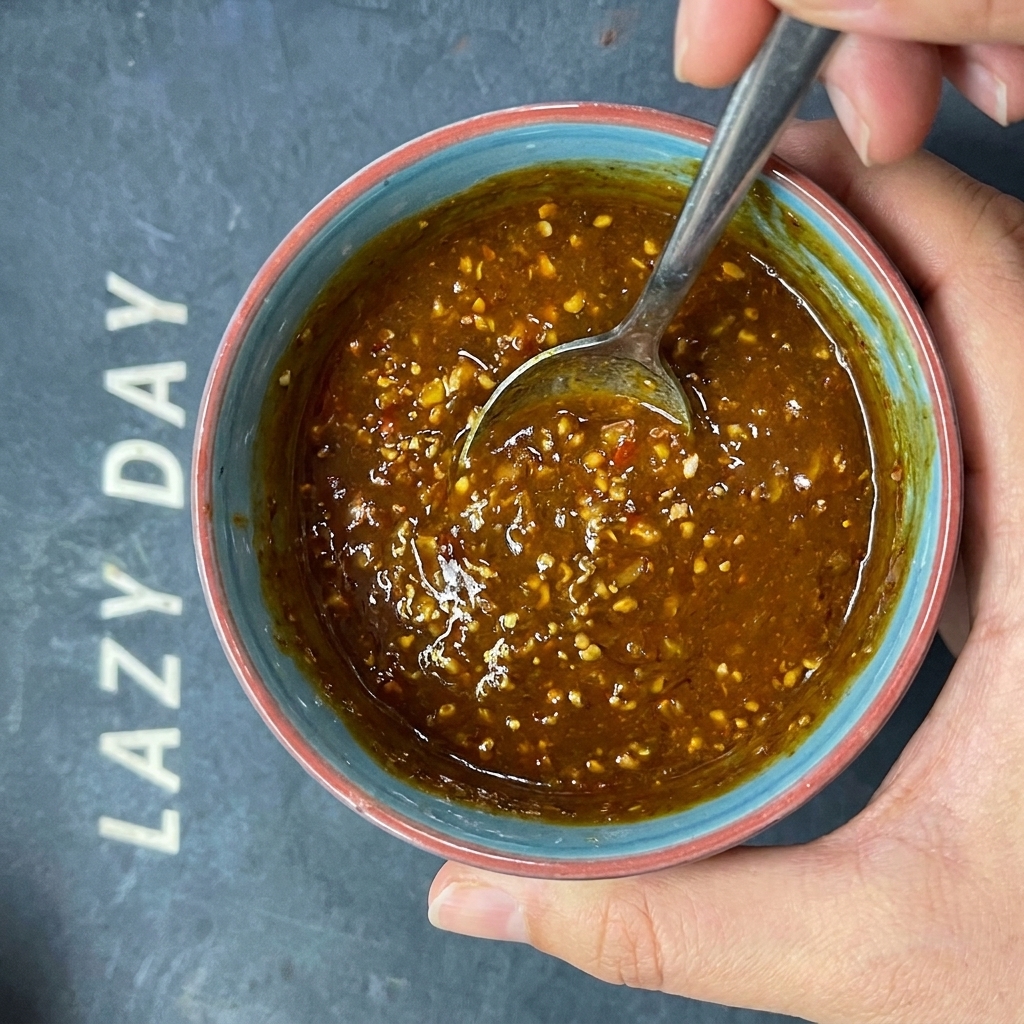 Sesame paste being stirred into a bowl of chili oil to finalize the noodle sauce.