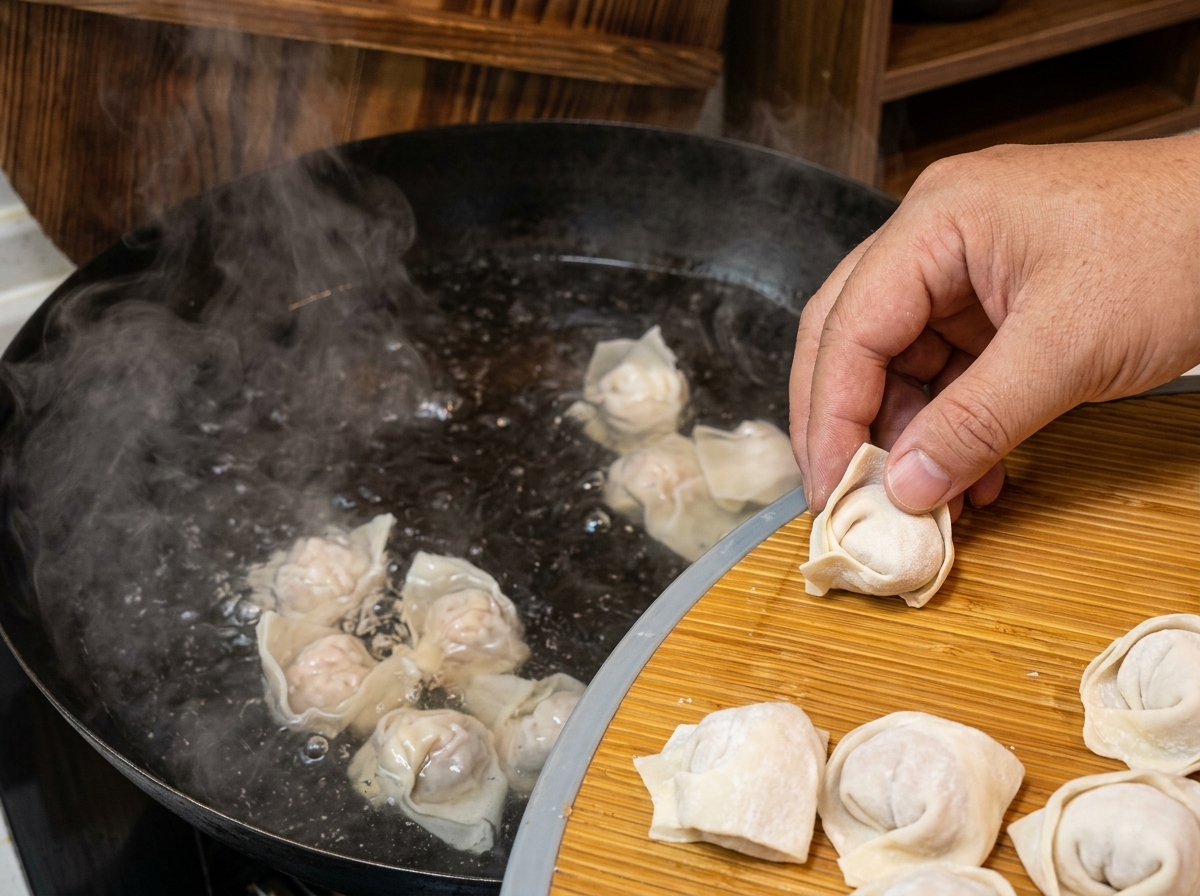 A hand carefully dropping freshly wrapped wontons from a bamboo tray into vigorously boiling water.