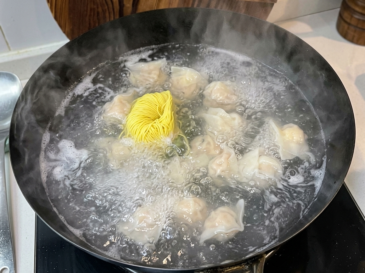 A bundle of dry yellow egg noodles being added into a wok of boiling water alongside plump cooking wontons.