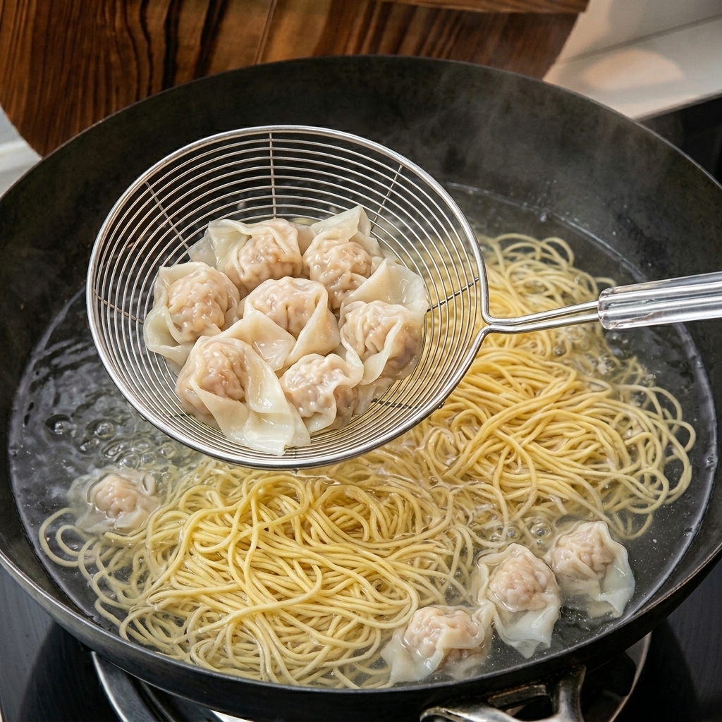 A wire skimmer lifting several cooked, slightly translucent pork and shrimp wontons out of the boiling water.