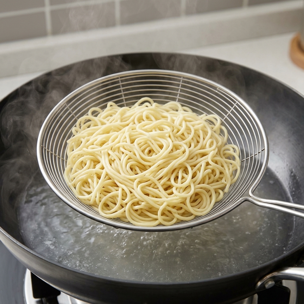 A wire skimmer scooping a portion of cooked yellow egg noodles out of the boiling water.