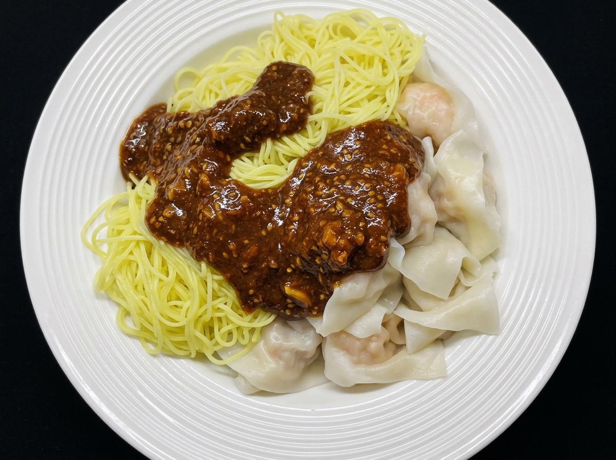 A close-up of sesame chili sauce being spooned over a plate of freshly cooked wontons and noodles.