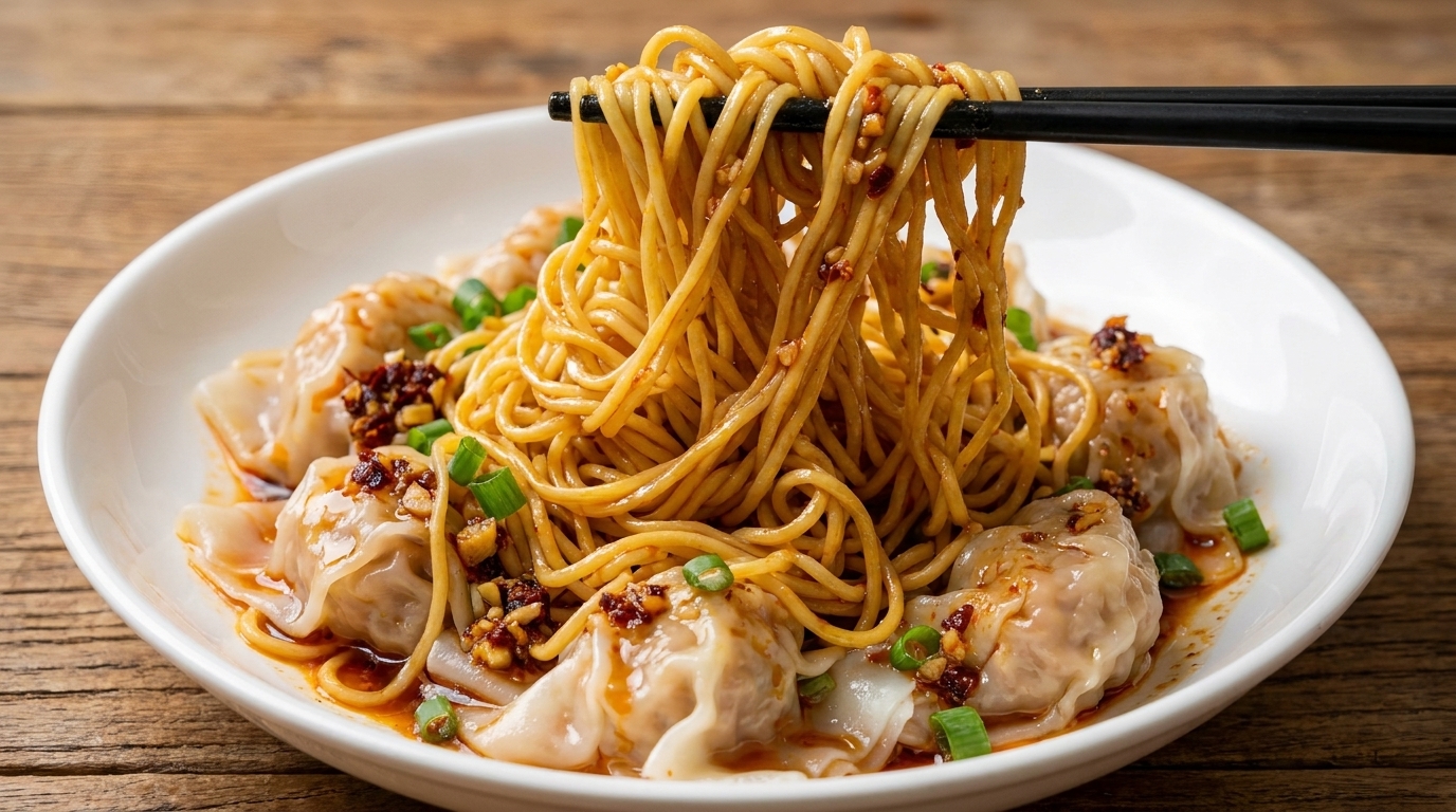 Glossy egg noodles and plump pork and shrimp wontons coated in a rich sesame chili sauce.